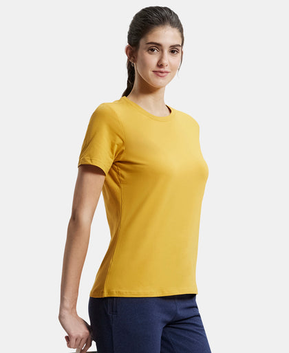 Super Combed Cotton Elastane Regular Fit Solid Round Neck Half Sleeve T-Shirt - Golden Spice-5