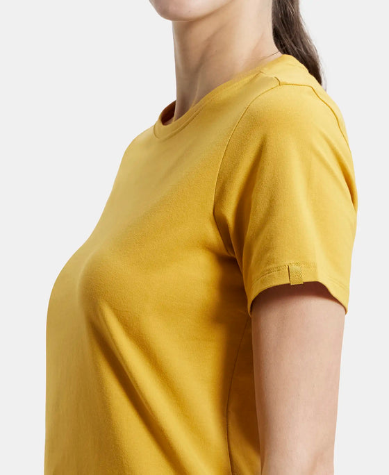 Super Combed Cotton Elastane Regular Fit Solid Round Neck Half Sleeve T-Shirt - Golden Spice-6