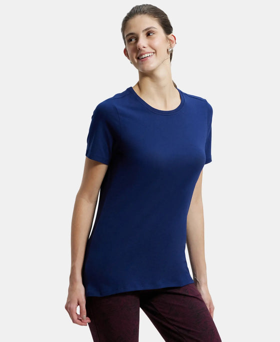Super Combed Cotton Elastane Regular Fit Solid Round Neck Half Sleeve T-Shirt - Imperial Blue-2