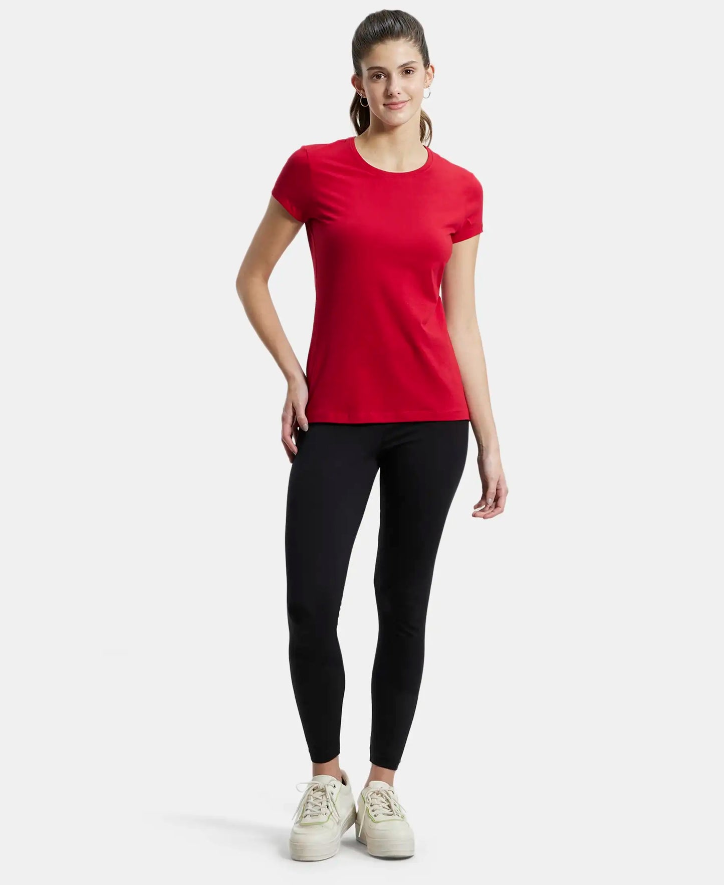 Super Combed Cotton Elastane Regular Fit Solid Round Neck Half Sleeve T-Shirt - Jester Red-4