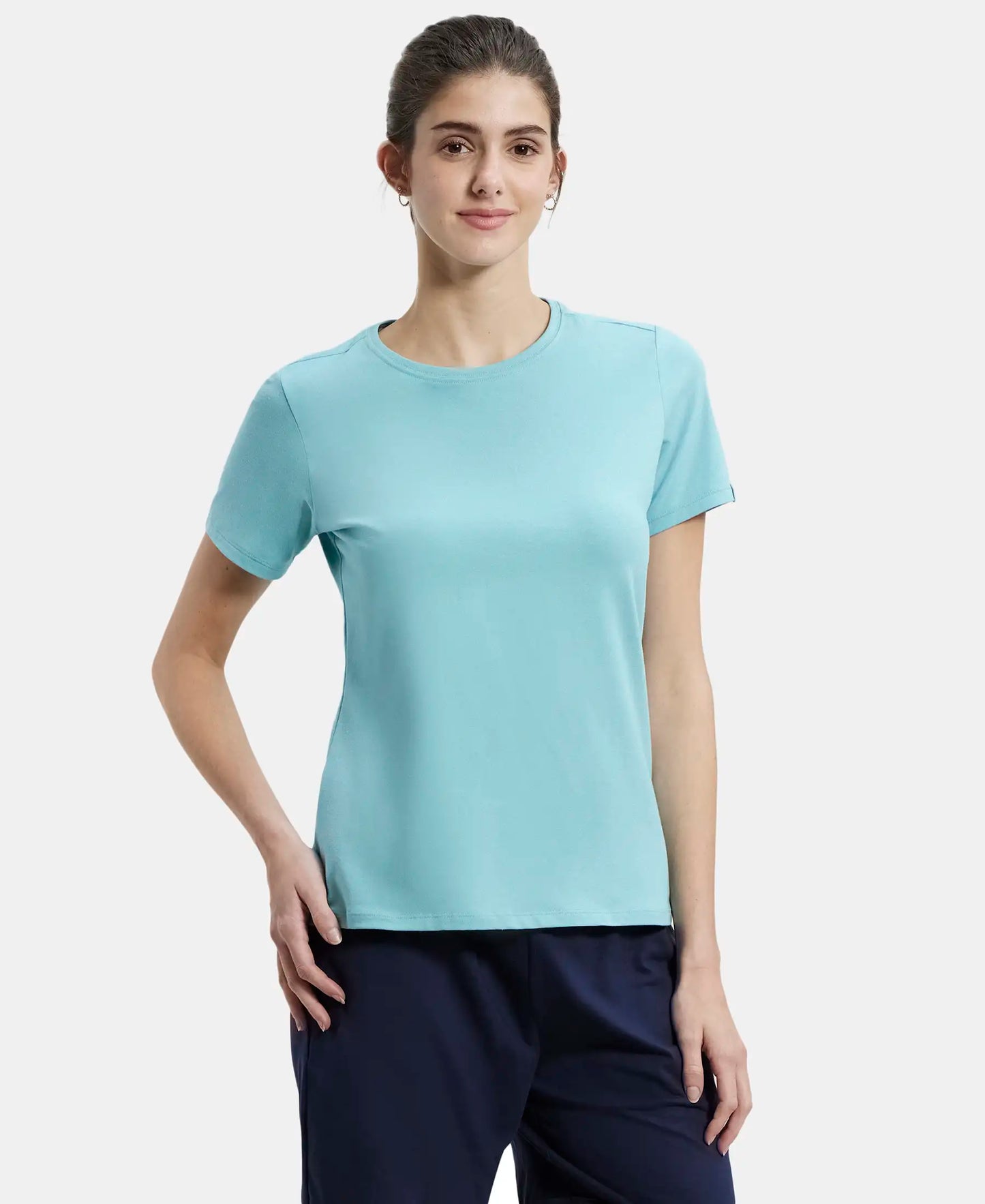 Super Combed Cotton Elastane Regular Fit Solid Round Neck Half Sleeve T-Shirt - Nile Blue-1