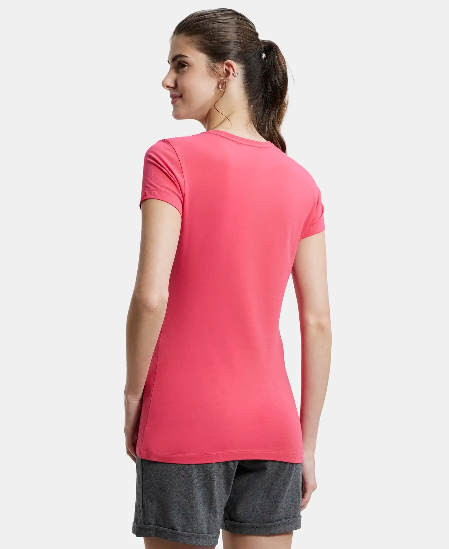Super Combed Cotton Elastane Regular Fit Solid Round Neck Half Sleeve T-Shirt - Ruby-3