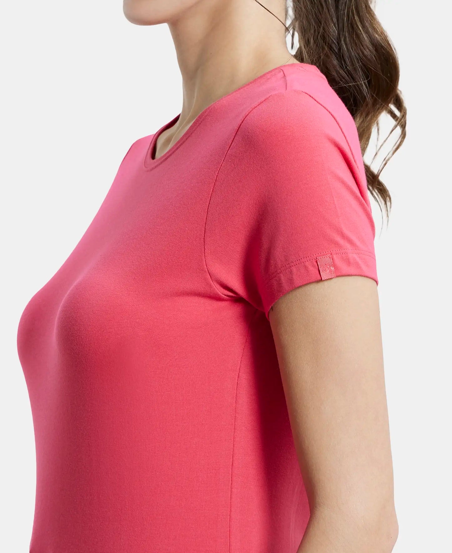 Super Combed Cotton Elastane Regular Fit Solid Round Neck Half Sleeve T-Shirt - Ruby-6