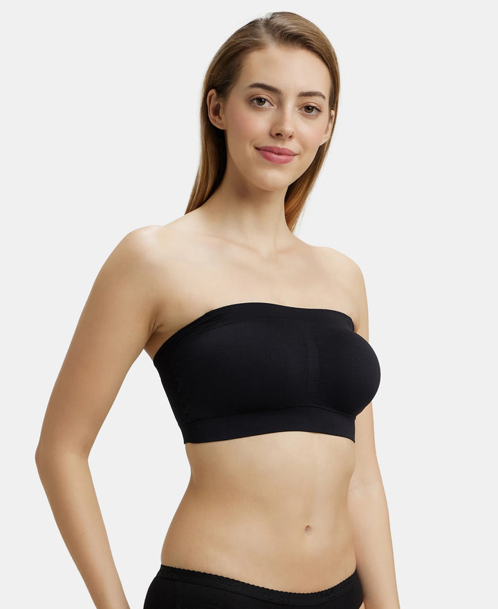 Wirefree Padded Micro Touch Nylon Elastane Bandeau Bra with Removable Pads and Detachable Transparent Straps - Black-2