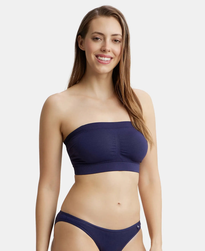 Wirefree Padded Micro Touch Nylon Elastane Bandeau Bra with Removable Pads and Detachable Transparent Straps - Classic Navy-2
