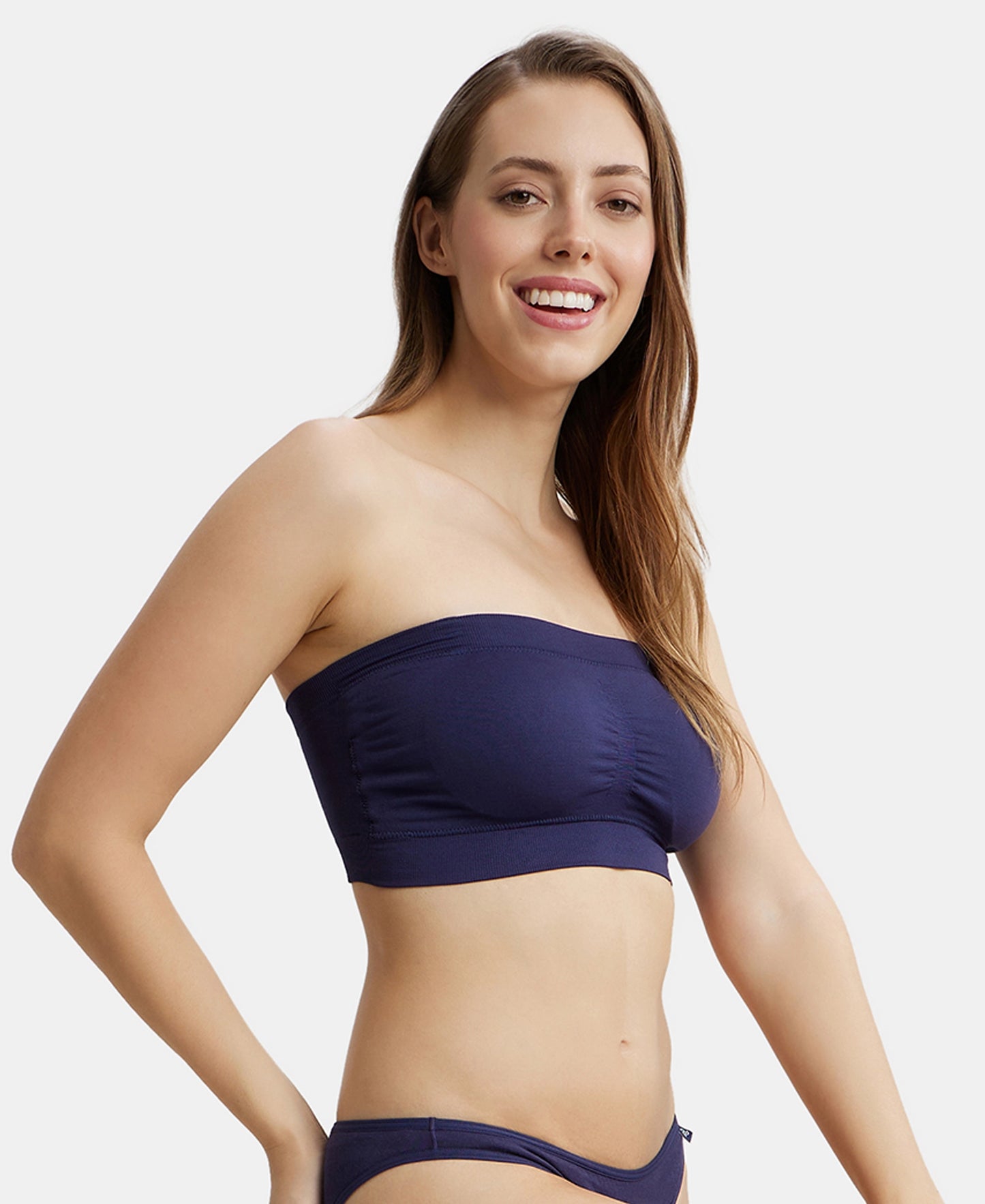 Wirefree Padded Micro Touch Nylon Elastane Bandeau Bra with Removable Pads and Detachable Transparent Straps - Classic Navy-5
