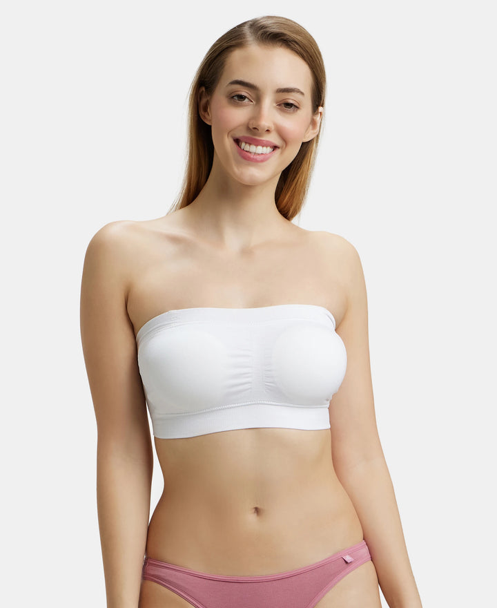 Wirefree Padded Micro Touch Nylon Elastane Bandeau Bra with Removable Pads and Detachable Transparent Straps - White-1