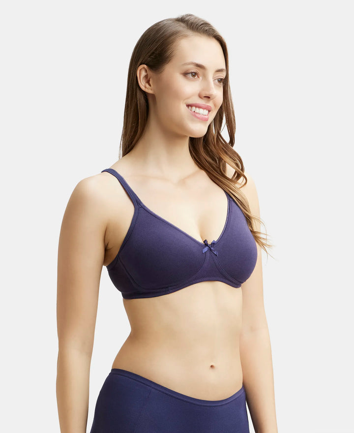 Wirefree Non Padded Super Combed Cotton Elastane Medium Coverage Everyday Bra with Concealed Shaper Panel - Classic Navy-2