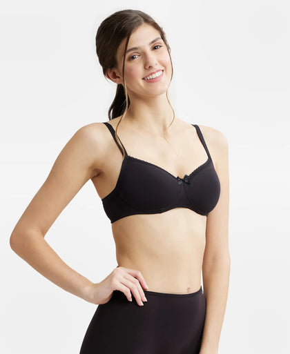 Wirefree Padded Super Combed Cotton Elastane Medium Coverage T-Shirt Bra with Lace Styling - Black-2