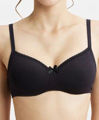 Wirefree Padded Super Combed Cotton Elastane Medium Coverage T-Shirt Bra with Lace Styling - Black-7