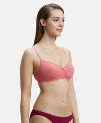 Wirefree Padded Super Combed Cotton Elastane Medium Coverage T-Shirt Bra with Lace Styling - Blush Pink-2