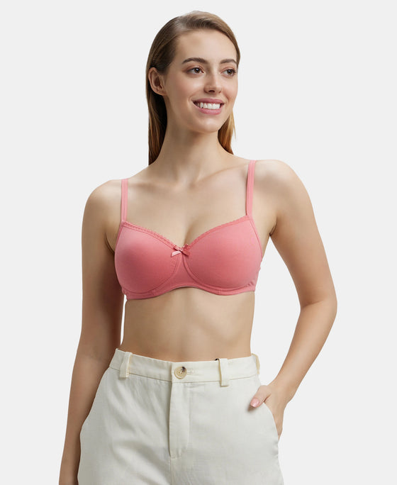 Wirefree Padded Super Combed Cotton Elastane Medium Coverage T-Shirt Bra with Lace Styling - Blush Pink-5