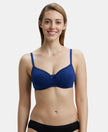 Wirefree Padded Super Combed Cotton Elastane Medium Coverage T-Shirt Bra with Lace Styling - Blue Depth-1