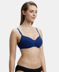 Wirefree Padded Super Combed Cotton Elastane Medium Coverage T-Shirt Bra with Lace Styling - Blue Depth-2