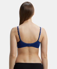 Wirefree Padded Super Combed Cotton Elastane Medium Coverage T-Shirt Bra with Lace Styling - Blue Depth-3