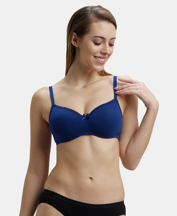 Wirefree Padded Super Combed Cotton Elastane Medium Coverage T-Shirt Bra with Lace Styling - Blue Depth-5