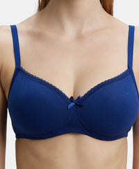 Wirefree Padded Super Combed Cotton Elastane Medium Coverage T-Shirt Bra with Lace Styling - Blue Depth-7