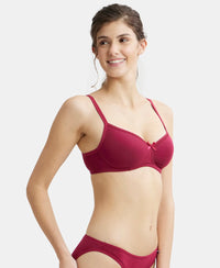Wirefree Padded Super Combed Cotton Elastane Medium Coverage T-Shirt Bra with Lace Styling - Beet Red-2