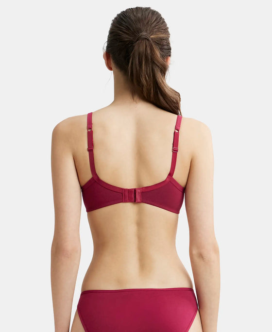 Wirefree Padded Super Combed Cotton Elastane Medium Coverage T-Shirt Bra with Lace Styling - Beet Red-3