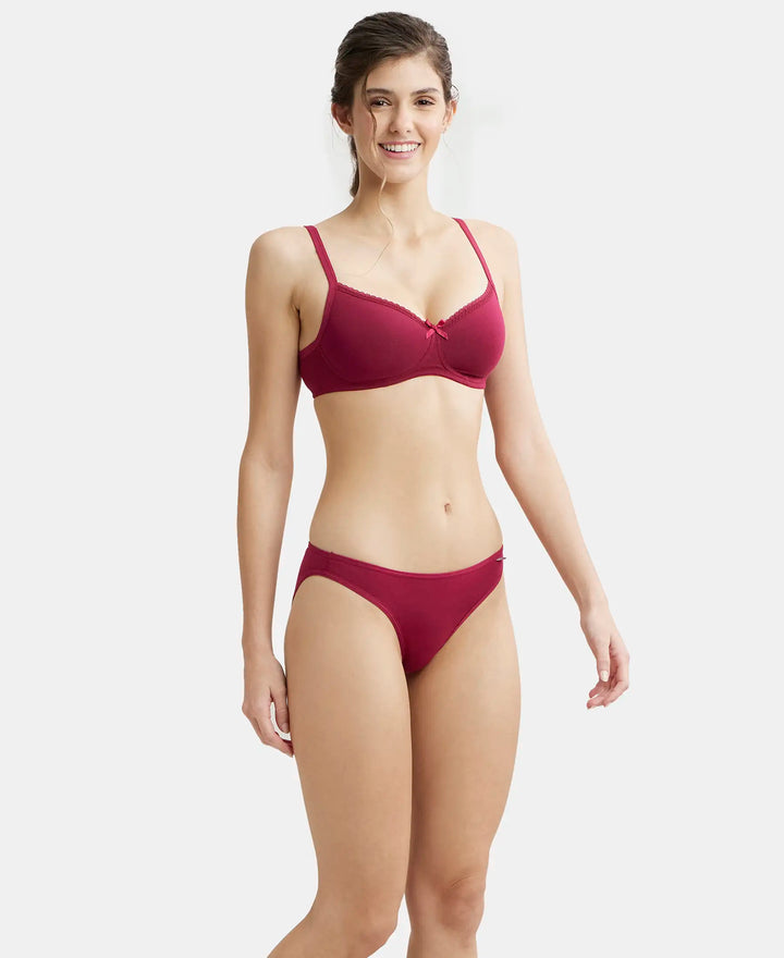 Wirefree Padded Super Combed Cotton Elastane Medium Coverage T-Shirt Bra with Lace Styling - Beet Red-6