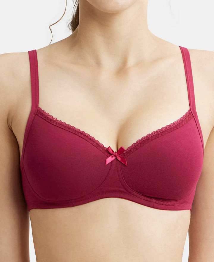 Wirefree Padded Super Combed Cotton Elastane Medium Coverage T-Shirt Bra with Lace Styling - Beet Red-7