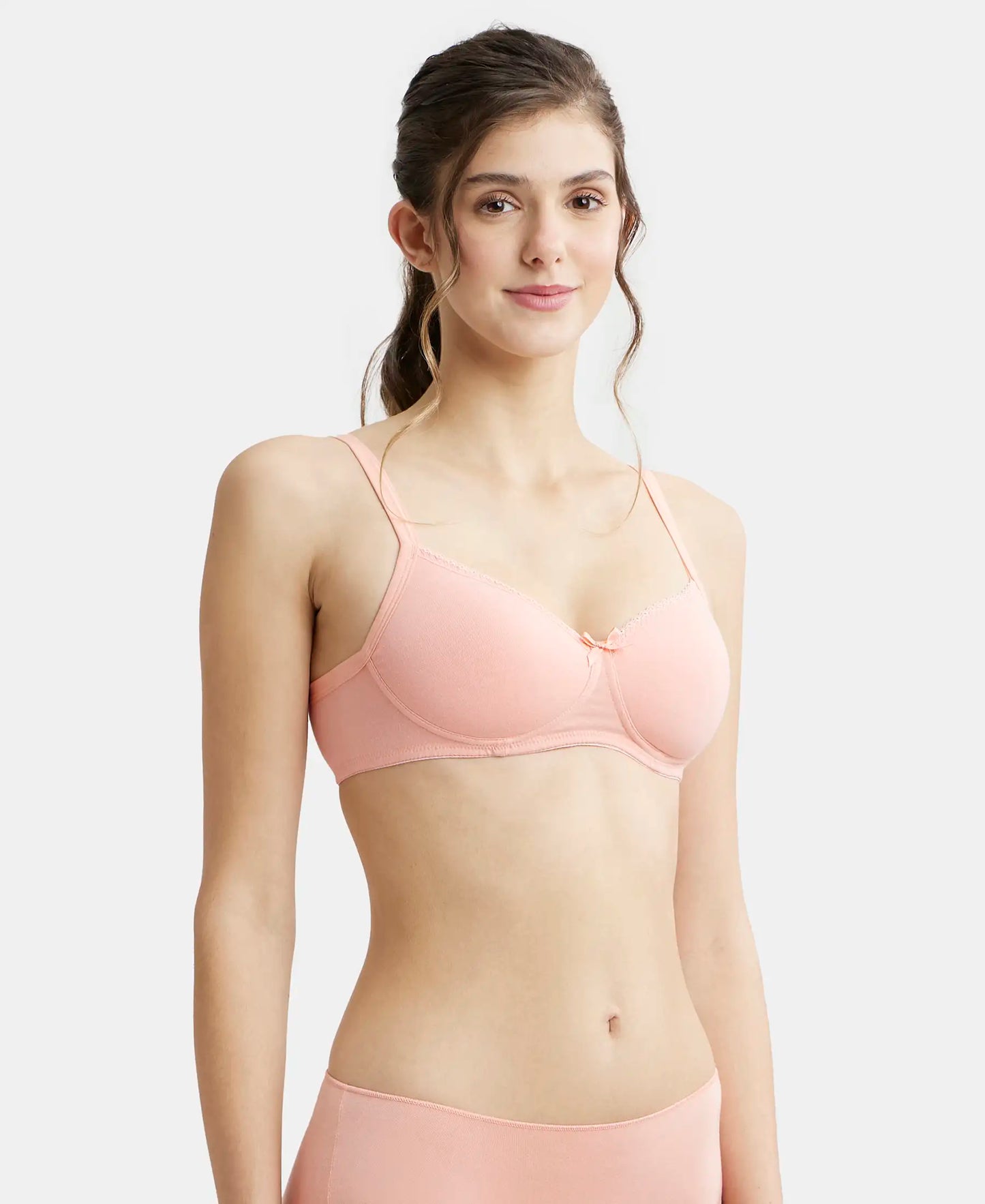 Wirefree Padded Super Combed Cotton Elastane Medium Coverage T-Shirt Bra with Lace Styling - Candlelight Peach-2