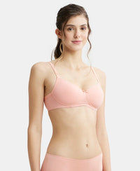 Wirefree Padded Super Combed Cotton Elastane Medium Coverage T-Shirt Bra with Lace Styling - Candlelight Peach-2