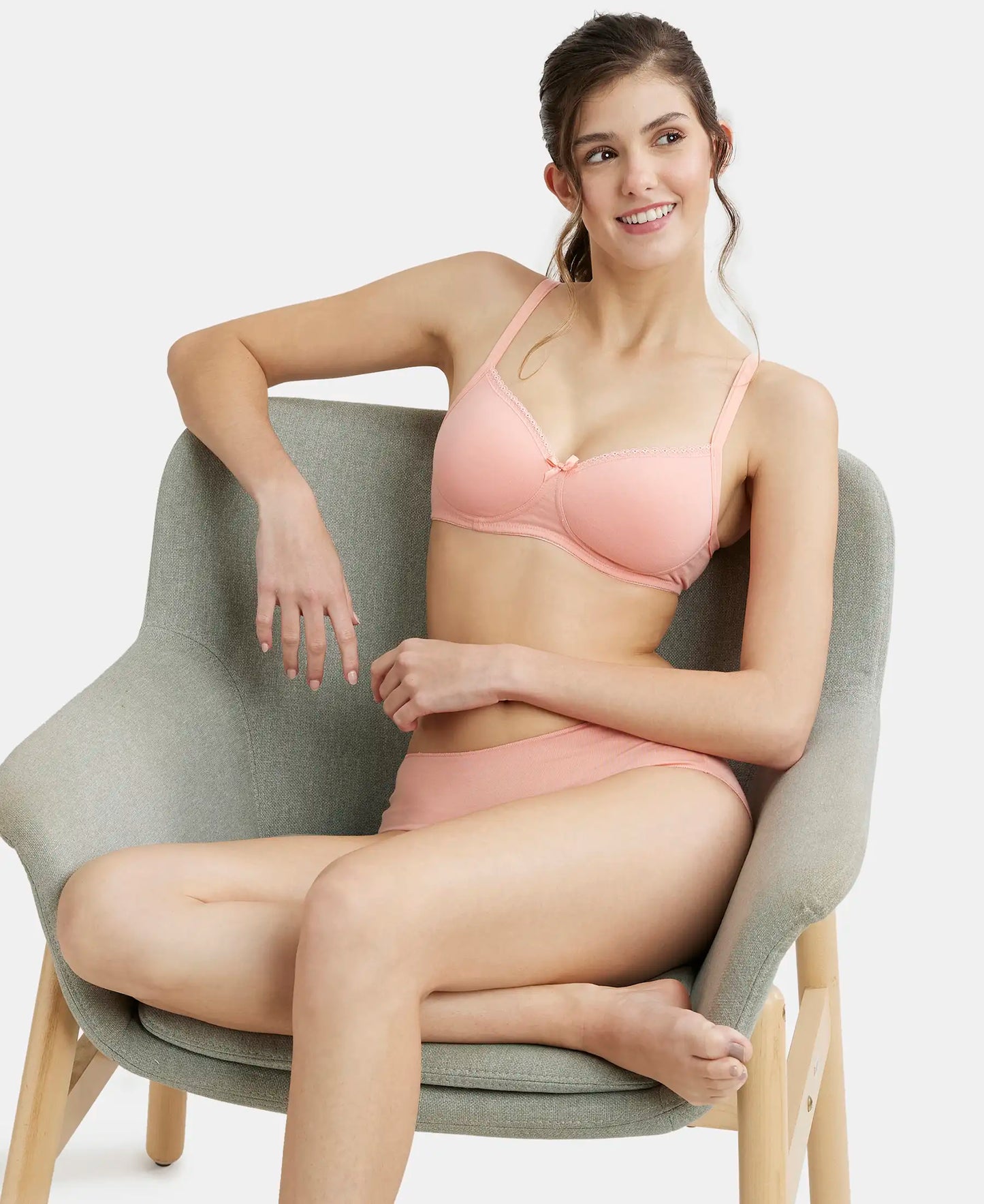 Wirefree Padded Super Combed Cotton Elastane Medium Coverage T-Shirt Bra with Lace Styling - Candlelight Peach-5