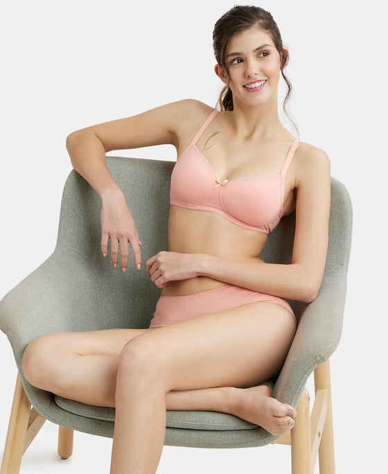 Wirefree Padded Super Combed Cotton Elastane Medium Coverage T-Shirt Bra with Lace Styling - Candlelight Peach-5