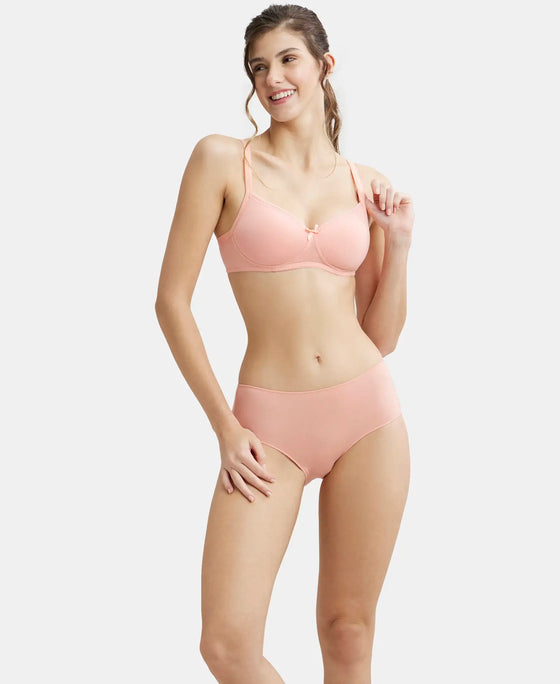 Wirefree Padded Super Combed Cotton Elastane Medium Coverage T-Shirt Bra with Lace Styling - Candlelight Peach-6