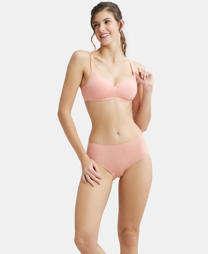 Wirefree Padded Super Combed Cotton Elastane Medium Coverage T-Shirt Bra with Lace Styling - Candlelight Peach-6