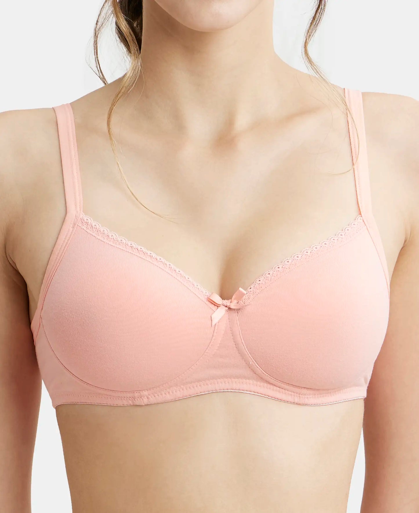 Wirefree Padded Super Combed Cotton Elastane Medium Coverage T-Shirt Bra with Lace Styling - Candlelight Peach-7