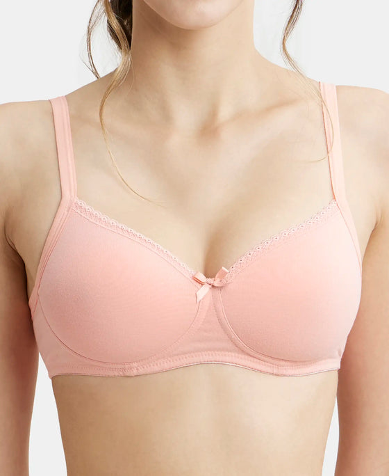 Wirefree Padded Super Combed Cotton Elastane Medium Coverage T-Shirt Bra with Lace Styling - Candlelight Peach-7
