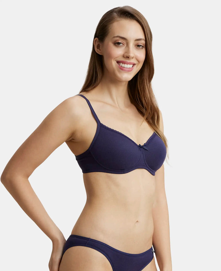 Wirefree Padded Super Combed Cotton Elastane Medium Coverage T-Shirt Bra with Lace Styling - Classic Navy-2