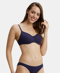 Wirefree Padded Super Combed Cotton Elastane Medium Coverage T-Shirt Bra with Lace Styling - Classic Navy-5