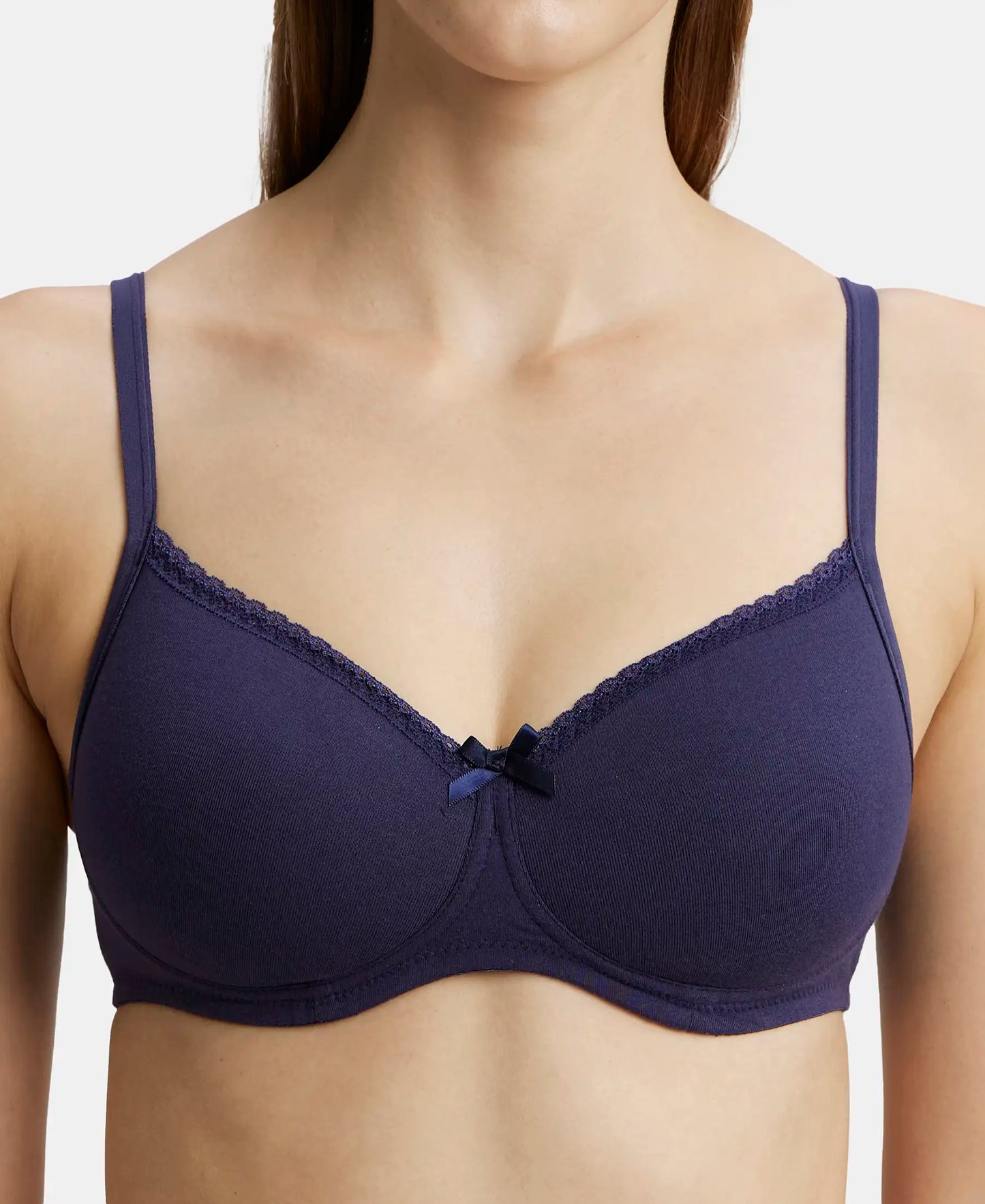 Wirefree Padded Super Combed Cotton Elastane Medium Coverage T-Shirt Bra with Lace Styling - Classic Navy-6