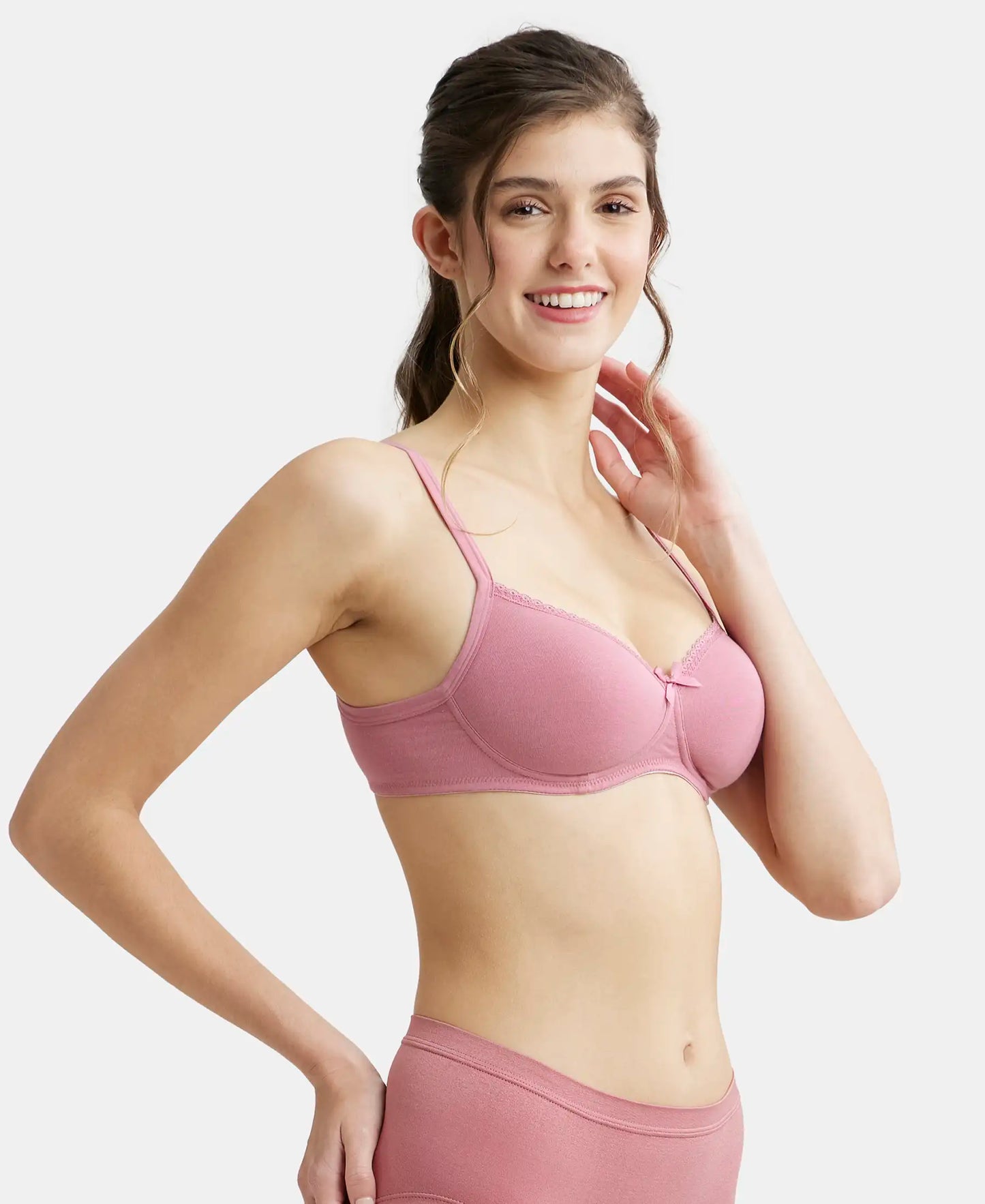 Wirefree Padded Super Combed Cotton Elastane Medium Coverage T-Shirt Bra with Lace Styling - Heather Rose-2