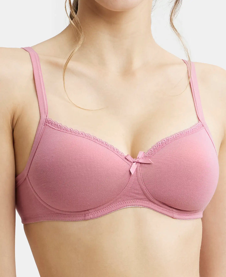 Wirefree Padded Super Combed Cotton Elastane Medium Coverage T-Shirt Bra with Lace Styling - Heather Rose-7