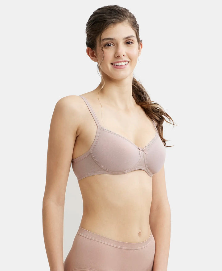 Wirefree Padded Super Combed Cotton Elastane Medium Coverage T-Shirt Bra with Lace Styling - Mocha-2
