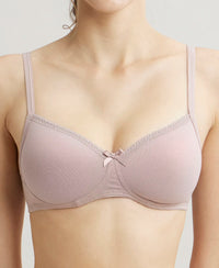 Wirefree Padded Super Combed Cotton Elastane Medium Coverage T-Shirt Bra with Lace Styling - Mocha-7