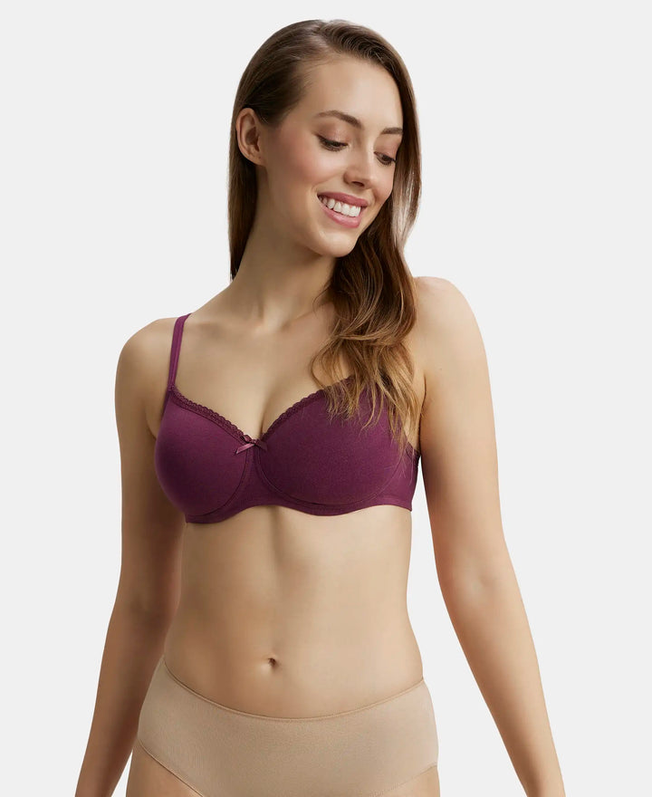 Wirefree Padded Super Combed Cotton Elastane Medium Coverage T-Shirt Bra with Lace Styling - Prune-2