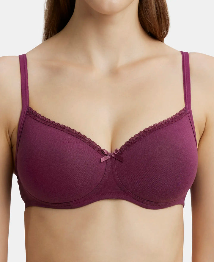 Wirefree Padded Super Combed Cotton Elastane Medium Coverage T-Shirt Bra with Lace Styling - Prune-6