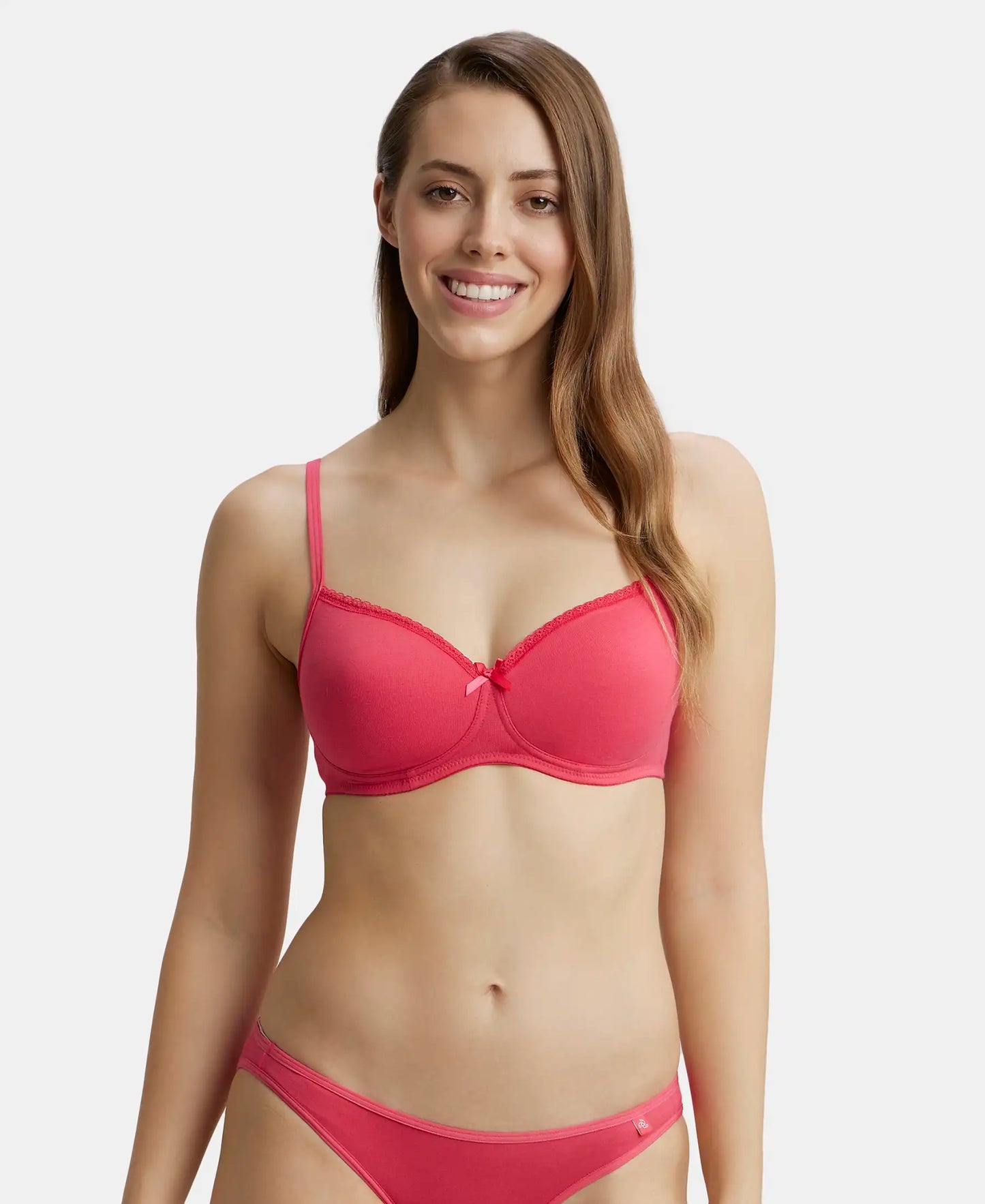 Wirefree Padded Super Combed Cotton Elastane Medium Coverage T-Shirt Bra with Lace Styling - Ruby-1