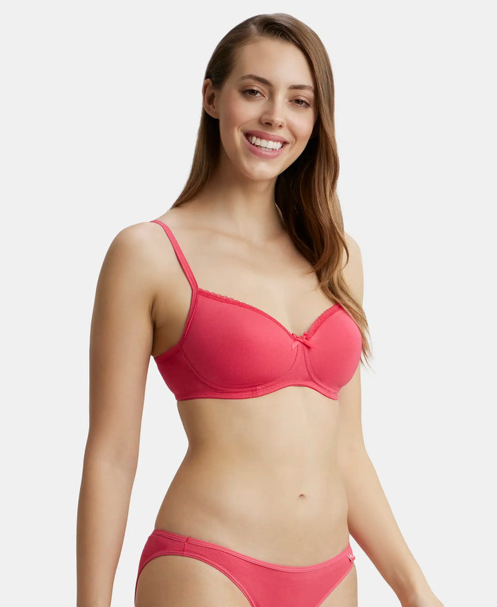 Wirefree Padded Super Combed Cotton Elastane Medium Coverage T-Shirt Bra with Lace Styling - Ruby-2
