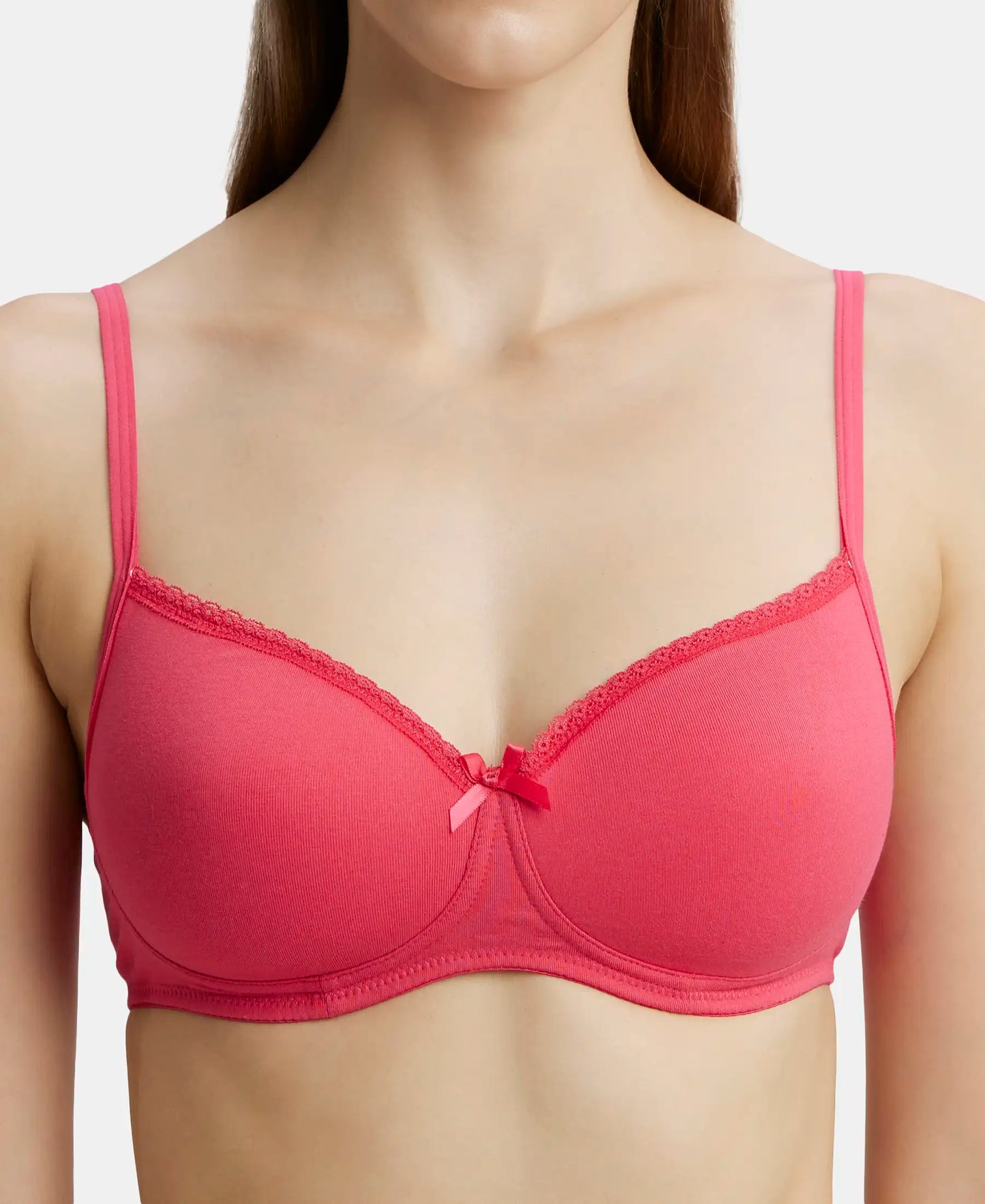 Wirefree Padded Super Combed Cotton Elastane Medium Coverage T-Shirt Bra with Lace Styling - Ruby-6