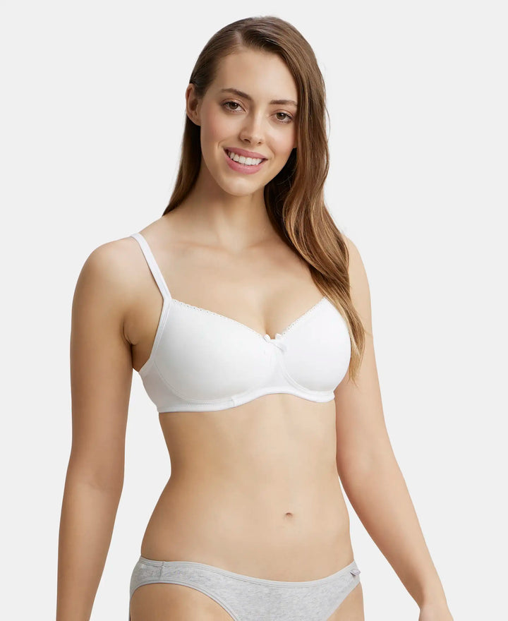 Wirefree Non Padded Super Combed Cotton Elastane Full Coverage Everyday Bra with Contoured Shaper Panel and Adjustable Straps - White-2