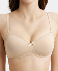 Wirefree Padded Super Combed Cotton Elastane Medium Coverage T-Shirt Bra with Lace Styling - Skin-6