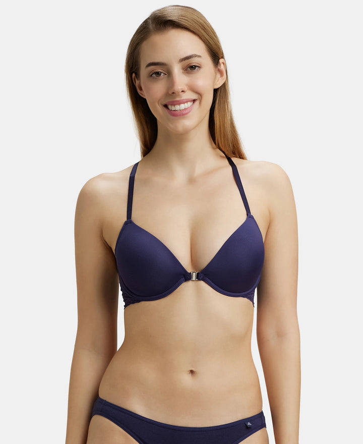 Under-Wired Padded Soft Touch Microfiber Elastane Full Coverage T-Shirt Bra with Lace Back Styling - Classic Navy-1