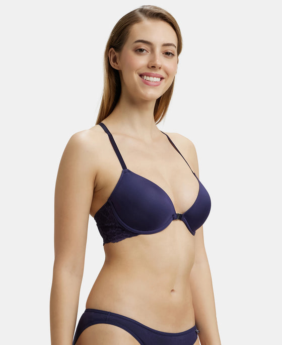 Under-Wired Padded Soft Touch Microfiber Elastane Full Coverage T-Shirt Bra with Lace Back Styling - Classic Navy-2