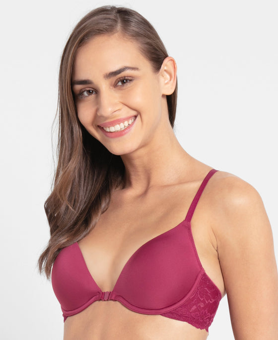 Under-Wired Padded Soft Touch Microfiber Elastane Full Coverage T-Shirt Bra with Lace Back Styling - Pink Wine-2